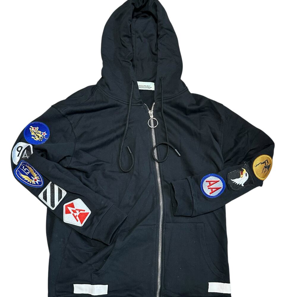 Off-White Vintage Patches Hoodie Virgil Abloh Zip Up Diagonal Logo Cotton Large